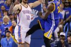 In this Sunday, May 22, 2016 photo, Golden State's Draymond Green's leg is between the legs of Oklahoma City's Steven Adams (12) during Game 3 of the Western Conference NBA basketball  finals in Oklahoma City. Draymond Green has been suspended by the NBA for Game 4 of the Western Conference finals for kicking Oklahoma Citys Steven Adams in the groin.  The league announced Greens penalty Monday, May 23, 2016,  after reviewing the play from the Thunders 133-105 victory over Golden State on Sunday night.   (Bryan Terry/The Oklahoman via AP) LOCAL STATIONS OUT (KFOR, KOCO, KWTV, KOKH, KAUT OUT); LOCAL WEBSITES OUT; LOCAL PRINT OUT (EDMOND SUN OUT, OKLAHOMA GAZETTE OUT) TABLOIDS OUT; MANDATORY CREDIT