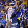 In this Sunday, May 22, 2016 photo, Golden State's Draymond Green's leg is between the legs of Oklahoma City's Steven Adams (12) during Game 3 of the Western Conference NBA basketball  finals in Oklahoma City. Draymond Green has been suspended by the NBA for Game 4 of the Western Conference finals for kicking Oklahoma Citys Steven Adams in the groin.  The league announced Greens penalty Monday, May 23, 2016,  after reviewing the play from the Thunders 133-105 victory over Golden State on Sunday night.   (Bryan Terry/The Oklahoman via AP) LOCAL STATIONS OUT (KFOR, KOCO, KWTV, KOKH, KAUT OUT); LOCAL WEBSITES OUT; LOCAL PRINT OUT (EDMOND SUN OUT, OKLAHOMA GAZETTE OUT) TABLOIDS OUT; MANDATORY CREDIT