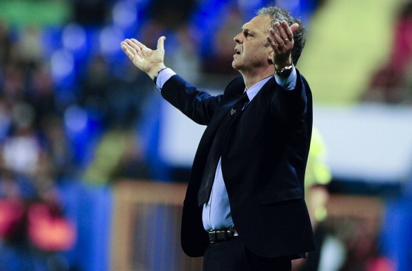 Levante's coach Joaquin Caparros reacts during the Spanish league football match Levante UD vs Athletic Club Bilbao at the Ciutat de Valencia stadium in Valencia on April 7, 2014. AFP PHOTO / JOSE JORDAN (Photo credit should read JOSE JORDAN/AFP/Getty Images)