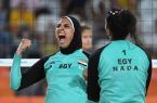 RIO DE JANEIRO, BRAZIL - AUGUST 07:  Doaa Elghobashy of Egypt reacts during the Women's Beach Volleyball preliminary round Pool D match against Laura Ludwig and Kira Walkenhorst of Germany on Day 2 of the Rio 2016 Olympic Games at the Beach Volleyball Arena on August 7, 2016 in Rio de Janeiro, Brazil.  (Photo by Shaun Botterill/Getty Images)