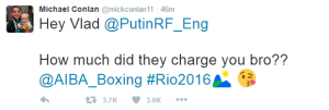Conlan is obviously and rightfully doubting Russia done some cheating, accusing them on twitter directly after the match.